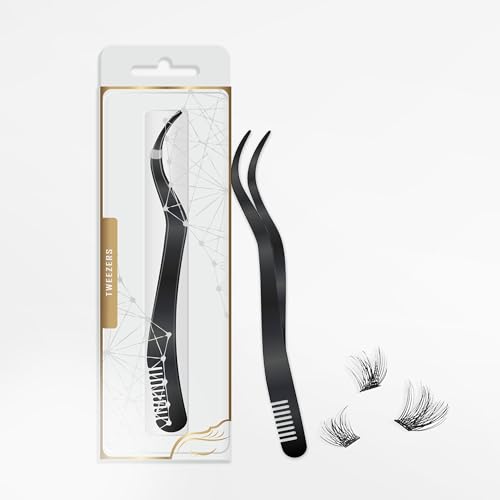 2 in 1 Lash Extension Tweezers with Comb, Stainless Steel Elbow Eyelash Extension Tweezers, Eyelash Tweezers for Lash Extensions, Precise Eyebrow Tweezers Tool for DIY False Eyelashes Clusters, Black - color: Black