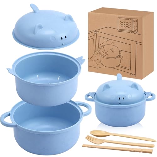 1 Set Large 45oz Cute Pig Ramen Bowl Set Microwavable, Nordic Blue - color: Nordic Blue