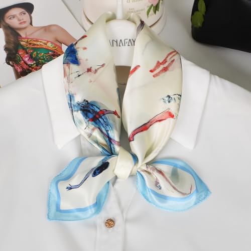 Women 100% Mulberry Silk Neck Scarf 21" Square Floral Neckerchief - color: Beige White