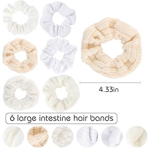 Scrunchies for Women Girls 6Pcs White Velvet Scrunchies for Thick Hair Ultra Textured Soft Scrunchy Hair Ties Kint Elastic Hair Bands Fuzzy Ponytail Holders Cute Hair Accessories Holiday Gift - color: 6PCS White