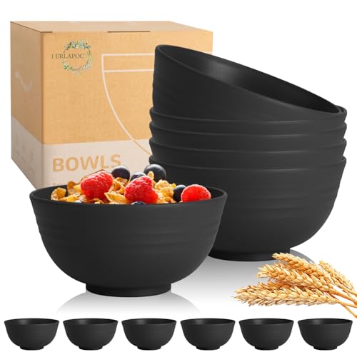 Wheat Straw Bowls Set of 6, Unbreakable Lightweight 26 OZ Cereal Bowls for Kitchen, Reusable Salad Bowl, Microwave & Dishwasher Safe Bowl Set, Black - color: Black, size: 26 OZ