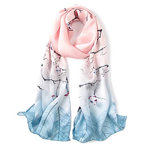 ANDANTINO 100% Silk Long Scarf-Women Large Oblong Shawls with Gift Packed - color: Blue&pink Branches