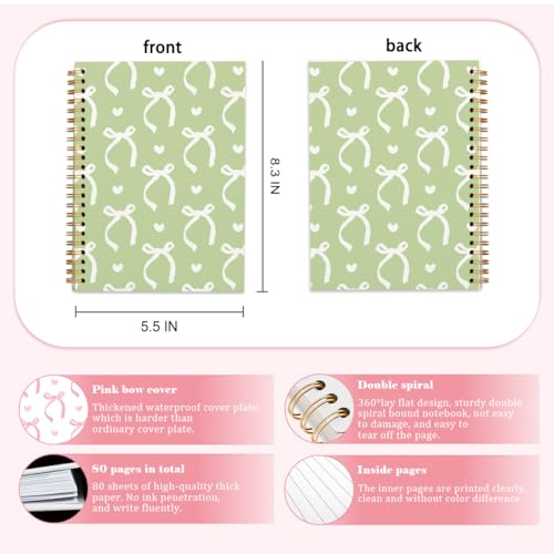 QUICQOD Cute Green Bow Spiral Notebook Journal for Women 5.5x8.3 Inch - color: Green2