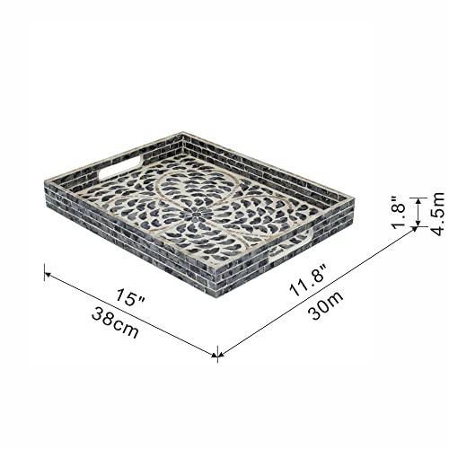 A&B Home Mother of Pearl Tray - Black Serving Tray with Handles, Coffee Table Ottoman Tray for Living Room, Contemporary Style Perfume Tray, Breakfast Tray for Sofa Bed, 15" x 12" x 2" - size: 15" x 11.8" x 1.8"