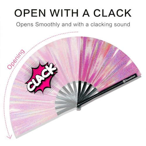 Large Rave Fan, Clack Folding Hand Fan with Premium Fabric, Thick Bamboo Frame for Men Women Gift for EDM, Festival, Club, Party, Dance, Decoration (Lridescent Pink, 13") - color: Lridescent Pink, size: 13"