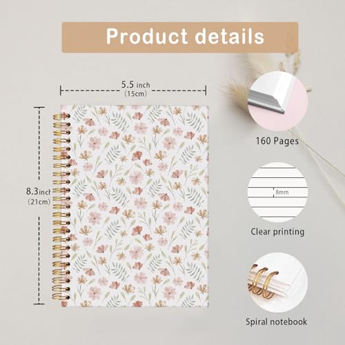 MOFUYU Cute Spiral Notebook Journal for Women,Floral Notebook - color: Floral(pink)
