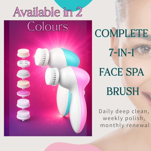 Facial Cleansing Brush Face Scrubber, 7-in-1 Electric Spin Cleanser Brushes with 6 Brush Heads for Deep Cleansing, Gentle Exfoliating, Removing Blackheads, Massaging (White & Pink) - color: White & Pink