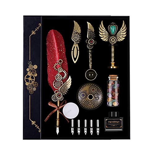 Quill Pen Set, Feather Pen, Ink, Bookmarks, Seals, Nibs, Wax Bead, Envelopes, Writing Paper, Gift Box, Red - color: Red