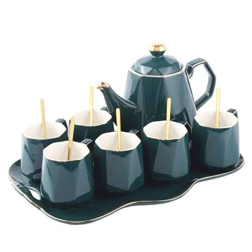 DUJUST 14 pcs Tea Set of 6 with Tray & Spoons, Modern Diamond Design Tea/Coffee Cup Set with Golden Trim, Chic Porcelain Living Room Decor, Fine-China Teapot Party Set, Gift Package - Green - color: green: 14pcs tea set