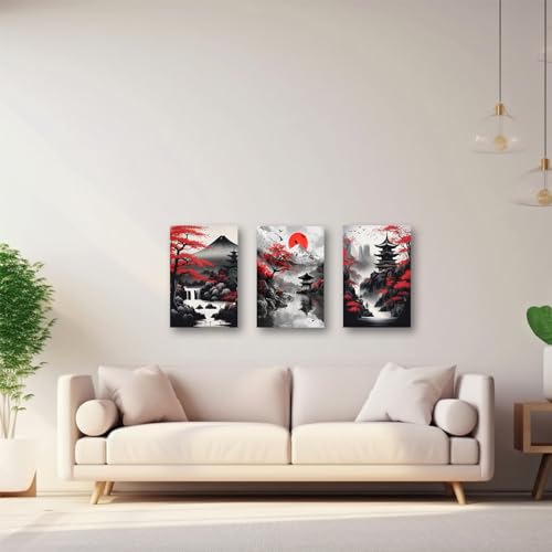 PBXBJY Japanese Canvas Wall Art 3 Pieces Japanese Landscape Painting Prints Red and Black Cherry Blossom Trees Building Pictures Living Room Office Decor Frame (12x16inchx3Pcs) - color: Black, size: 12x16inchx3Pcs