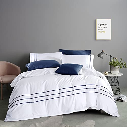 Duvet Cover Set 3 pcs(1 Duvet Cover+2 Pillowcases) 100% Cotton Sateen Woven Hidden Zipper Closure(White Navy,Queen) - color: White Navy, size: Queen
