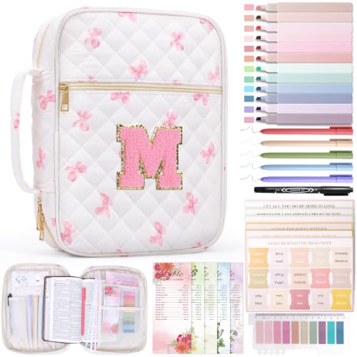 XKDOUS Bible Cover for Women Bible Bag Kit Church Book Holder Carrying Case - color: Pink Bow With Letter M