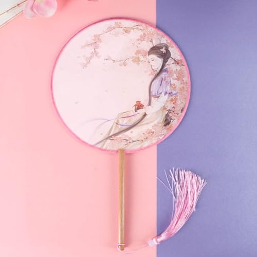 BAOZOON 2 Pcs Silky Translucent Ancient Round Fan Classic Silk Hand Held Fan Floral Pattern Palace Paddle Dance Fan with Tassel Wooden Handle Wedding Favor Gift Home Decor(Color#8) - color: Color#8