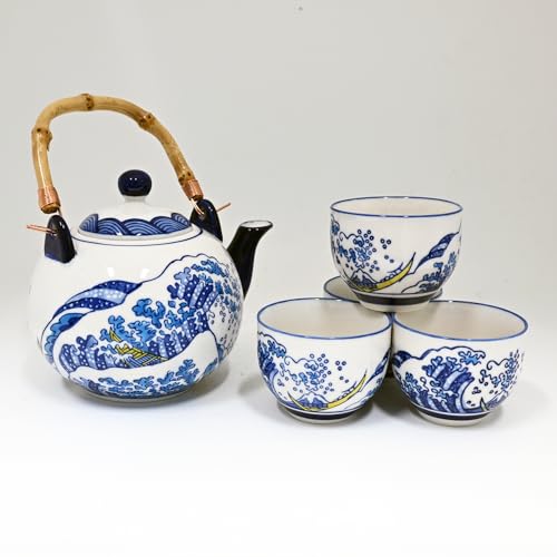 Urban Tokyo Hokusai Inspired Great Wave Porcelain Tea Set with Bamboo Handle, 30 oz Teapot with 4 Cups, Blue and White, Gift Box