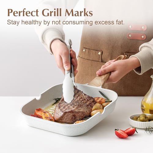 SENSARTE Nonstick Ceramic Grill Pan with Lid, Versatile Square Grilling Pan with Pour Spouts, Durable Grill Skillet for All Stoves(Gas,Electric,Induction) Non Toxic-PTFE,PFAS,PFOA Free, 9.5 Inch - color: White Ceramic, size: 9.5 Inch