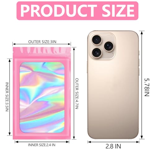 Funfery 100 pcs Pink Mylar Holographic Bags Packaging Bags,Clear Seal Resealable Smell Proof Bag Foil Pouch Bag for Food Storage and Lipgloss,Jewelry,Eyelash Packaging for Small Business(3x4.7In) - color: Pink, size: 3 x 4.7 Inch