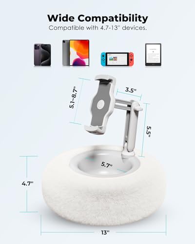Viozon Tablet Stand Pillow, Compatible with 4.7"-13" Phone/Tablet, iPad, iPhone, Samsung, Google, Kindle, 360°Adjustable Phone Holder for Bed with Soft Plush Fabric, and Detachable Bowl, White - color: White