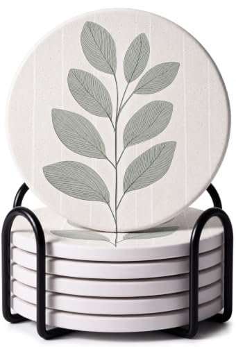 VEYRO Ceramic Coasters Set of 6 or 4 – Absorbent Stone Drink Coasters with Holder, Non-Slip Cork Backing, Modern Marble Look Coasters for Coffee Table, Desk & Home Decor (Leaves 3, Set of 6) - color: Leaves 3, size: Set of 6