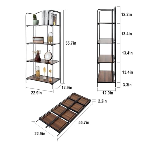 Crofy 4-Tier Foldable Bookshelf, Black Frame & Walnut Shelves - color: Black Frame & Walnut Shelf, size: 4 Tier