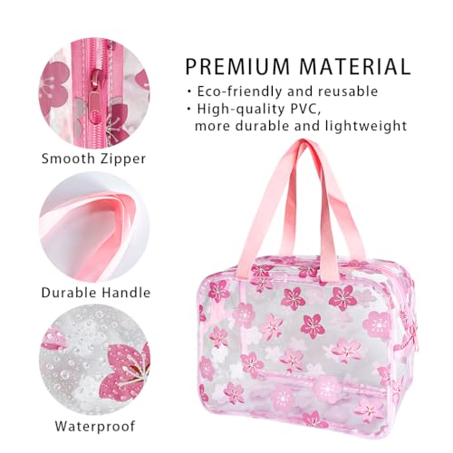 Clear Printed Floral Cosmetic Bag and Travel Pouch with Handle-Durable PVC Material,Versatile,Zipper Design for Smooth Sliding-Ideal for Makeup,Travel Essentials (Pink Floral#1-L) - color: A230023-5265-06-L
