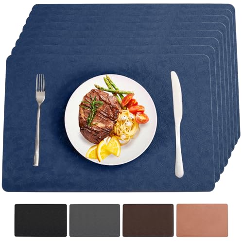 Blue Vinyl Placemats Set of 6 Waterproof Wipeable Table Mats - color: Blue