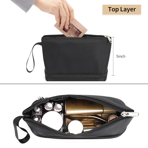 Small Makeup Bag 2 Layers Travel Cosmetic Bag with Makeup Brush Compartment - color: 02-nylon black