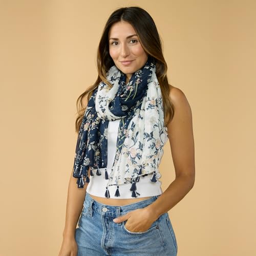 Hadley Wren Womens Lightweight Floral Scarf with Tassels - color: Blue