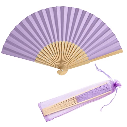 50pcs Paper Hand Fan with Organza Bags Bamboo Handheld Folding Fan DIY Decorative Wedding Party Favors (Light Purple) - color: Light Purple