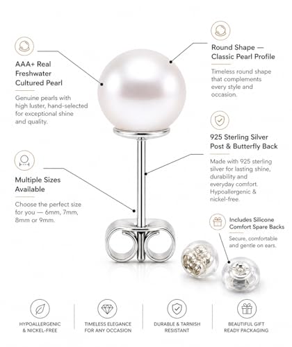 Real Freshwater Pearl Stud Earrings for Women, Hypoallergenic - color: Rhodium Plated, size: 7.0-7.5mm