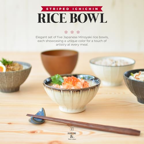 Set of 5 Japanese Ceramic Striped Ichichin Rice Bowls, Deep Soup & Eating Bowls with Distinctive Three-Dimensional Lines,Convenient, Stackable, for Cooking Prep & Serving (White) - color: White