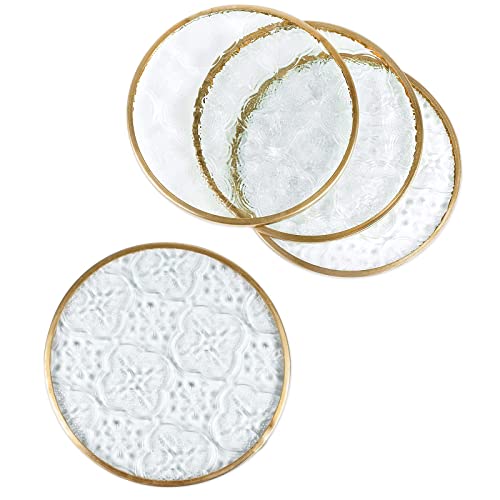 Glass Gold Coasters Set of 4, Round Cup Coaster Set with Carved Glass Stylish for Coffee Tea Wine Coasters for Bar Drink with Brass Edge Coasters Home Decor - color: Round