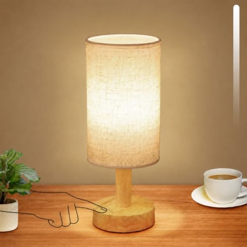 Rechargeable Cordless Touch Table Lamp with Stepless Dimming,Natural Wood Base&Linen Shade,Small Battery Wireless Ambient Night Light for Bedroom,Bedside,Nightstand,Nursery,Kitchen,Camping,Outdoor - size: Round - Cordless Touch - Set of 1