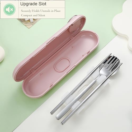 DEVICO Travel Utensils with Case Cute, Reusable Silverware for Lunch, 4Pcs Portable Cutlery Set, 18/8 Stainless Steel Fork Spoon Chopsticks in Cartoon Case, Dishwasher Safe (Pink) - color: Pink
