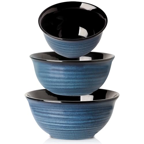 HASENSE Mixing Bowls, Ceramic Serving Bowls Set for Cooking, Baking, Prepping, Large Nesting Bowls for Salads, Fruit, Popcorn, 2.1/1.5/1.0 Qt, Dishwasher & Microwave Safe, Blue - color: Blue, size: 40+65+84 Ounce