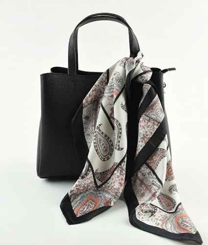 corciova Women’s Square Scarf 27.5 in (70 x 70 cm), Satin-Feel Polyester, Lightweight Fashion Scarf for Hair, Neck and Bag - color: Paisley (Ivory / Blush / Black)