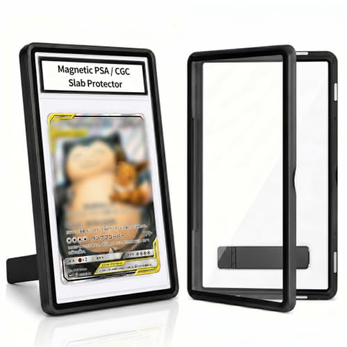 Magnetic PSA/CGC Slab Protector with Foldable Kickstand - UV Protection Tempered Glass & Aluminum Metal Bumper for 35PT PSA CGC CSG AGS, 9-Point Secure Lock Display Guard & Clear View (Black) - color: Black, size: PSA Card Case