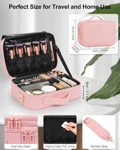 Relavel Makeup Bag Travel Makeup Train Case 13 inches Large Cosmetic Case Professional Portable Makeup Brush Holder Organizer and Storage with Adjustable Dividers and Shoulder Strap (Pink) - color: Pink, size: Medium
