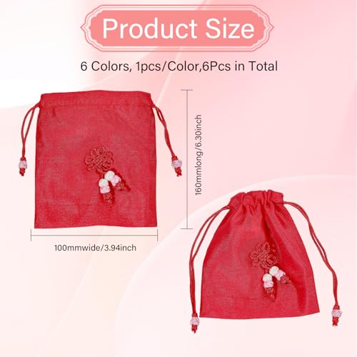 CHGCRAFT 6Pcs 6 Colors Traditional Korean Pouch Embroidered Drawstring Bags Rectangle Cloth Packing Pouches for Wedding Candy Jewelry Bags