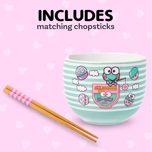 Silver Buffalo Sanrio Hello Kitty Green, Ramen Bowl with Chopsticks, 20oz - color: Keroppi Green Stripes, size: 20 Ounces (No Spoon)