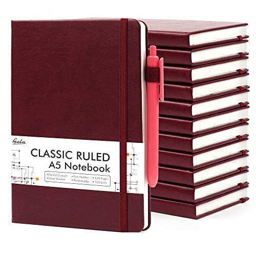 12 Pack Notebooks Journals Bulk with 12 Black Pens, Feela A5 Hardcover Notebook Classic Ruled Journal Set with Pen Holder for School Business Work Travel Writing, 120 GSM, 5.1”x8.3”, Wine - color: 12 Pack wine