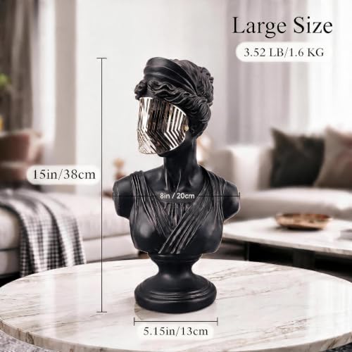 15" Large Bust Statue with Gold Mask, Black Resin Classical Greek Sculpture Home Decor, Modern Lightweight Durable Art Piece for Living Room Table Shelf Office Gift - color: Black
