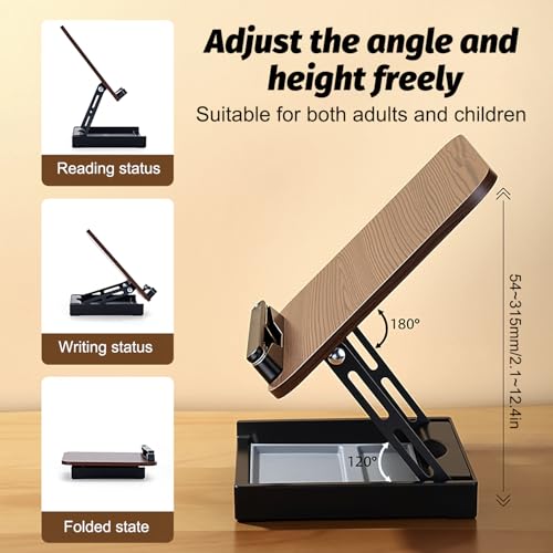 Adjustable Book Reading Stand with Storage - Hands-Free Wooden Bookstand