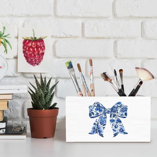 Blue Chinoiserie Floral Bow Pen Holder for Desk, Coquette Preppy Pencil Organizer, Blue and White Bow Aesthetic Wooden Box Sign Desk Decor for Girls Bedroom Home Decoration - color: Floral