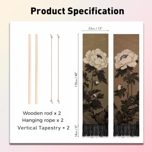 PLIGREAT 2 Pack Japanese Peony Vertical Tapestry with Tassels Elegant Flower Wall Hanging for Bedroom Bathroom Living Room Warm Long Narrow Wall Hanging Dorm Room Home Art Decor - color: white,brown