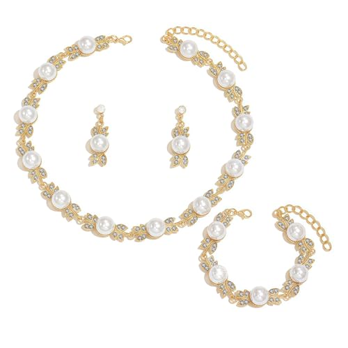 Pearl Bride Wedding Jewelry Set Faux Pearls Crystal Rhinestone Necklace Earrings Bracelet Sets for Women Bridesmaid(3 PCS) - color: Golden-big pearl