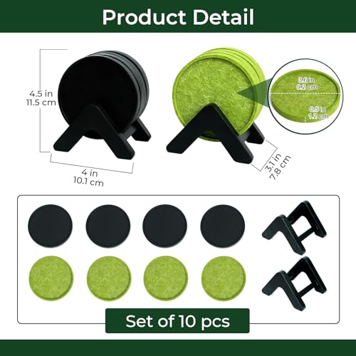 Acacia Wood Coaster Set of 8 with Holder - Dual-Material Design (4 Wood & 4 Absorbent Felt Pads) - 3" Non-Slip Furniture Protectors for Coffee Table, Home Bar & Office, Round Coaster Set