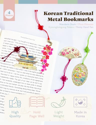4 Pieces Metal Bookmark (Mandarin Duck, Plum Blossom, Gyeongbokgung Palace, Peony Hand Fan) + 4 Envelopes - Korean Traditional Bookmark 책갈피 원앙, 매화꽃, 경복궁, 목단부채 - style: Set 2