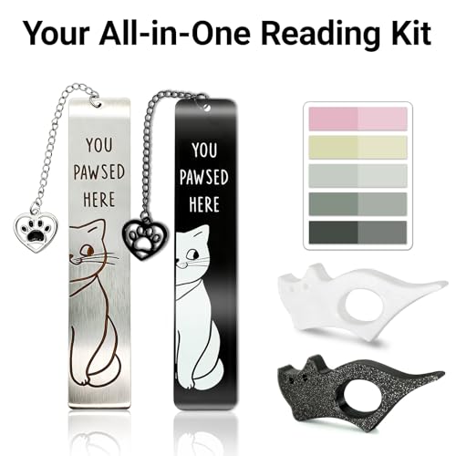 Cat Bookmark Set, Metal Cute Book Page Holder with Thumb Design & Index Tabs, Hands-Free Reading Accessories, Perfect Gift for Book Lovers