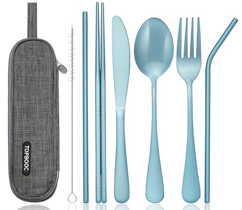Portable Stainless Steel Flatware Set, Travel Camping Cutlery Set, Portable Utensil Travel Silverware Dinnerware Set with a Waterproof Case (Light Blue) - color: Light Blue
