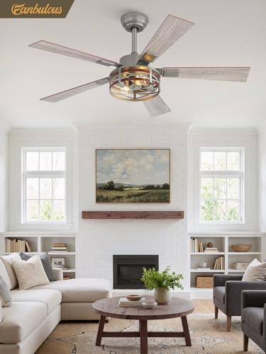 Fanbulous Farmhouse Ceiling Fans with Light, 48" Caged Fan, Quiet DC Motor - color: Brushed Nickel, size: 48 Inch